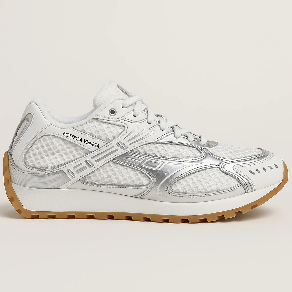 Recreate the Bottega Veneta Orbit sneaker in white with silver accents, exact design, shown at a sideways angle like the reference image, realistic style with a clean background. emoji