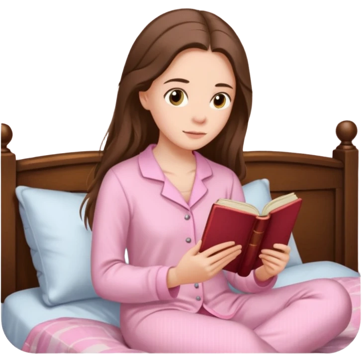  white long brunette hair girl with hazel eyes in light pink pajamas reading Pride and Prejudice emoji