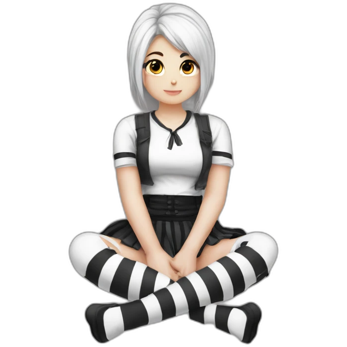 Frontal view curvy emo girl sits white skirt striped stockings hands up emoji