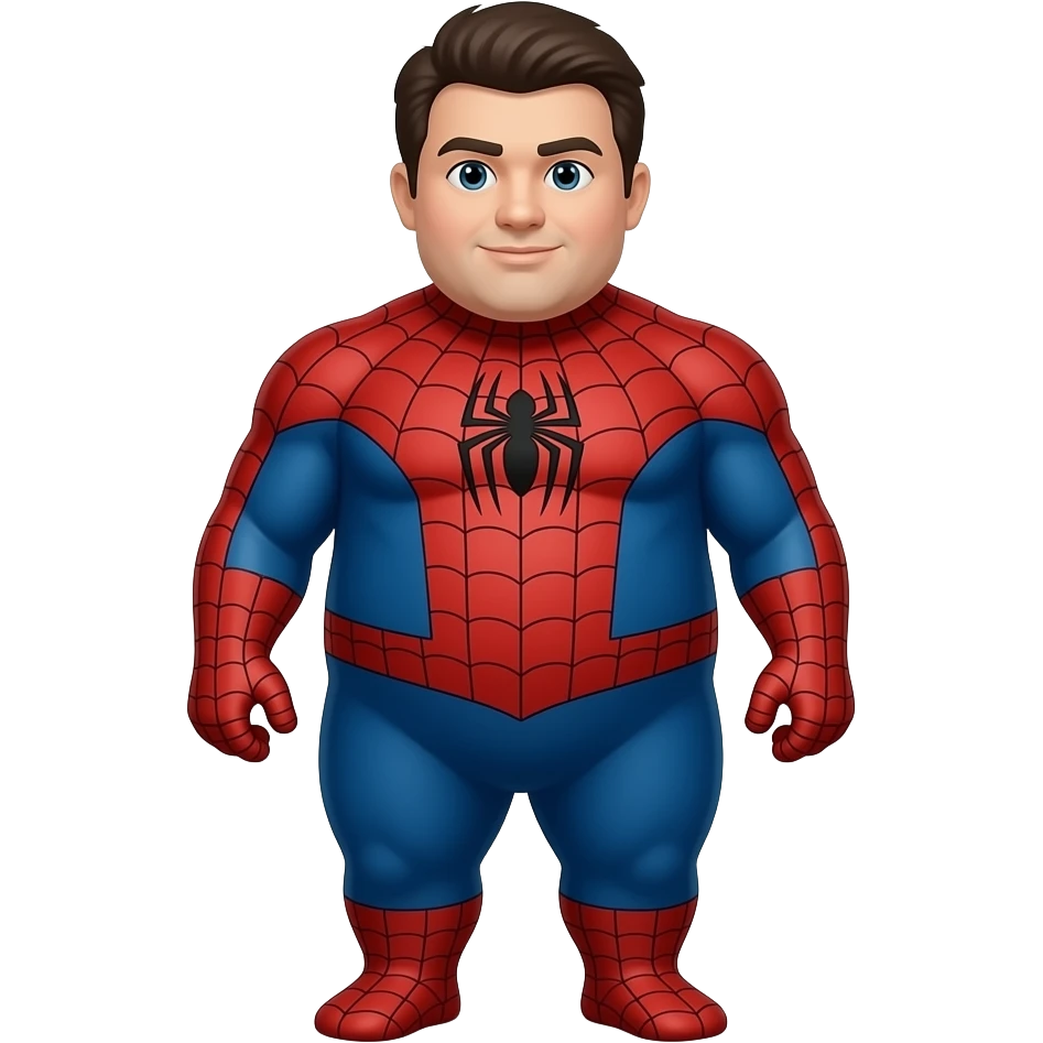 hAzme a un spiderman DE CUERPO COMPLETO GORDO I SIN MASCARA,QUE SE LE VEA LA CARA DE HUMANO emoji