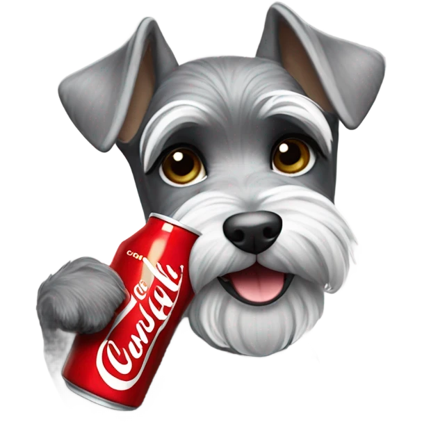 A miniature schnauzer drinking a Coca-Cola emoji