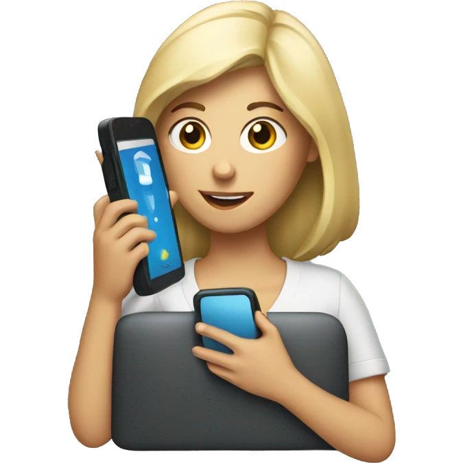 white woman holding big phone emoji