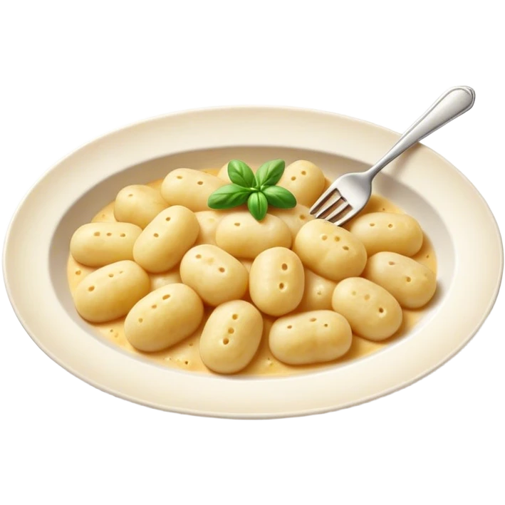 Gnocchi Cinematic Realistic Gnocchi Dish Emoji, depicted as tender oblong potato gnocchi garnished with iconic fork marks on top, rendered with soft textures and warm, inviting lighting. emoji
