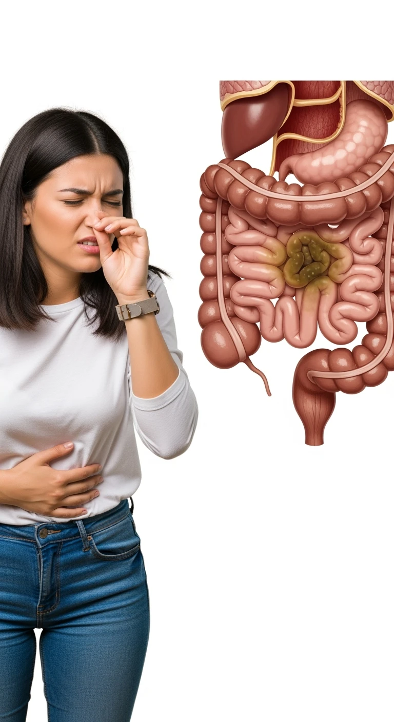 DONNA CHE SI TIENE LA PANCIA CON LA MANO E SI TAPPA IL NASO PER LA PUZZA, INTESTINO UMANO ANATOMICO IN EVIDENZA, ISOLATA SU SFONDO BIANCO emoji
