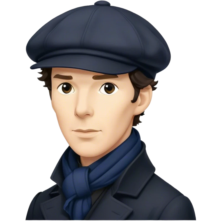 sherlock holmes benedict cumberbatch, wearing a deerstalker hat, Long dark coat, Dark suits, dark Blue scarf emoji