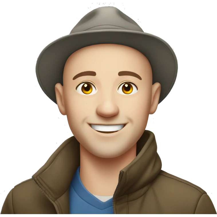 smiling white young bald man outdoors with hat emoji