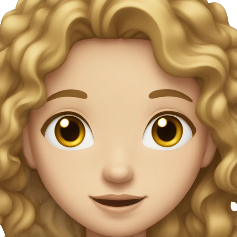 A girl with wavy hair, white skin, light brown eyes, happy emoji