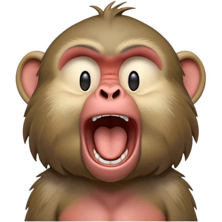 Cinematic Realistic Cute Yawning Baboon Portrait Emoji, Head tilted slightly with a dramatic, wide-open yawn, showcasing a soft, textured face with gently drooping features and half-closed, drowsy eyes, rendered with lifelike natural detail and warm shadows, high shine, relaxed yet expressive, styled with a dash of wild charm, soft glowing outline, capturing the essence of a sleepy yet affectionate baboon that appears ready to stretch out for a hearty nap! emoji