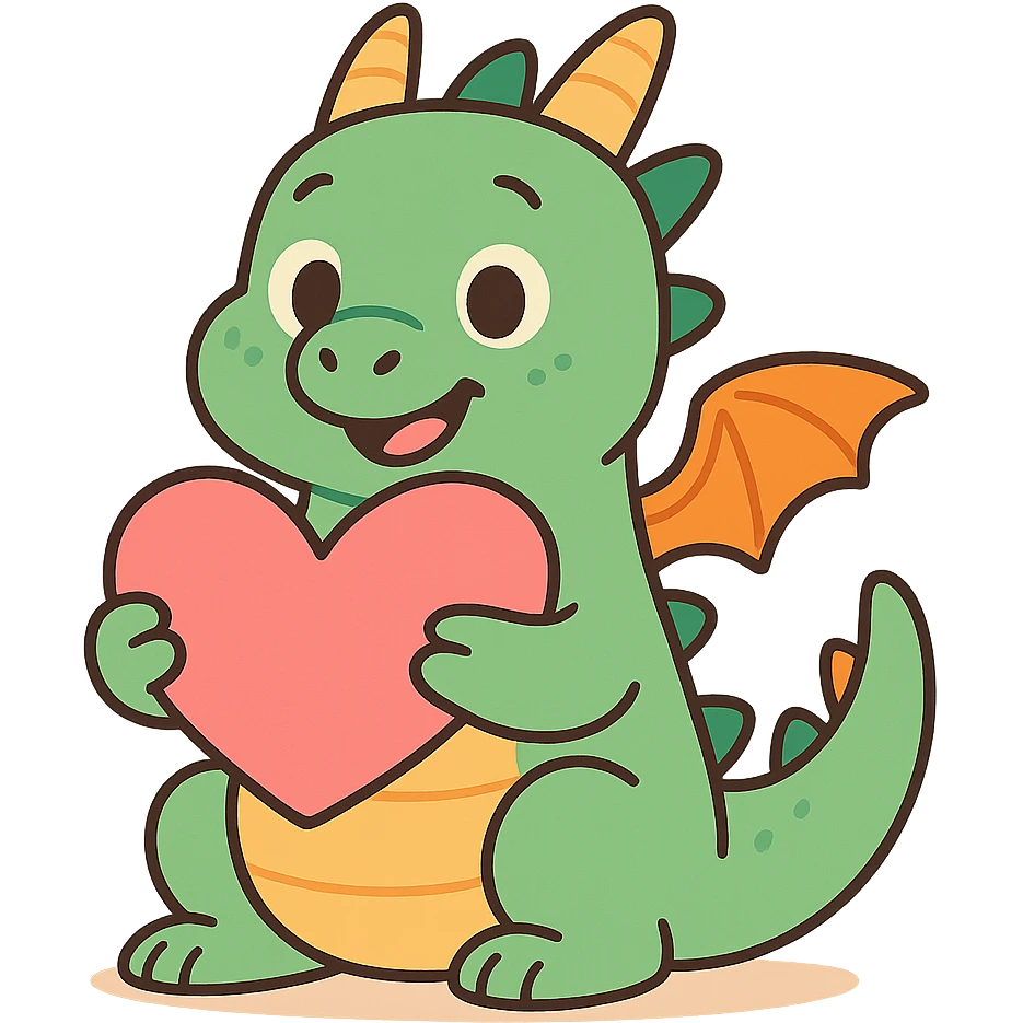 lovable little dragon holding a heart emoji