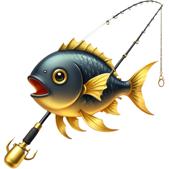 black magical fishing rod with gold chains and gold aura fishing a gold anglerfish emoji