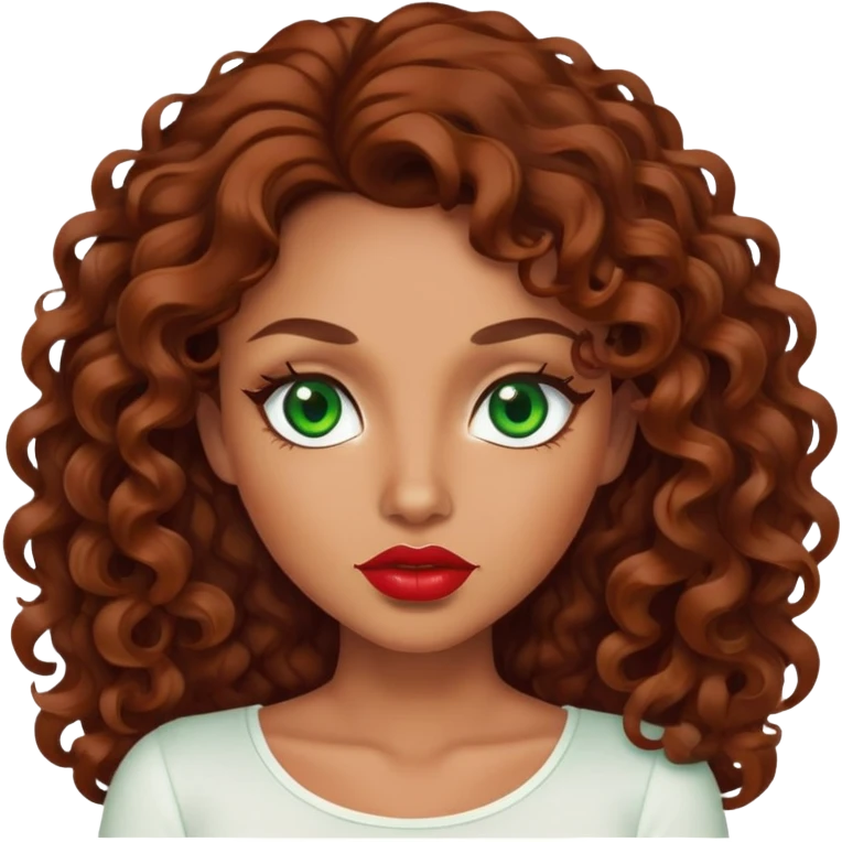 Tan skin woman ruby long Brown curly hair green eyes white top emoji