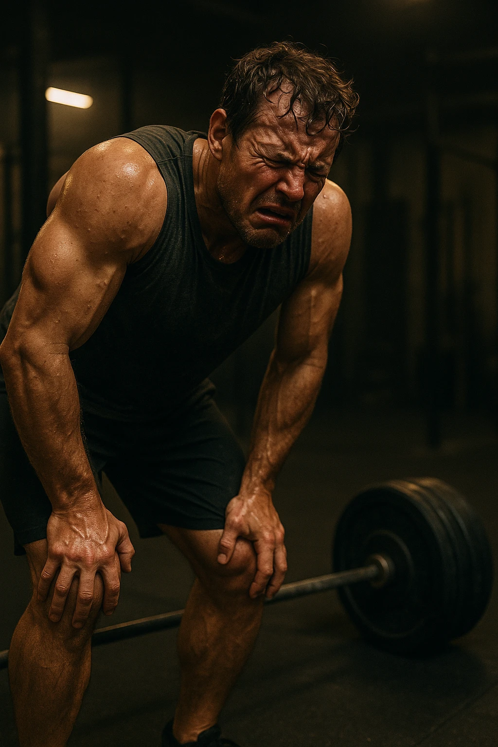Uomo in palestra durante un allenamento, piegato su sé stesso con le mani sulle ginocchia, sudato, visibilmente esausto. Ha un'espressione di frustrazione e affaticamento estremo. Pesi pesanti accanto a lui, atmosfera intensa, luci soffuse. Il corpo mostra segni di sforzo eccessivo e accumulo di fatica. in italiano emoji