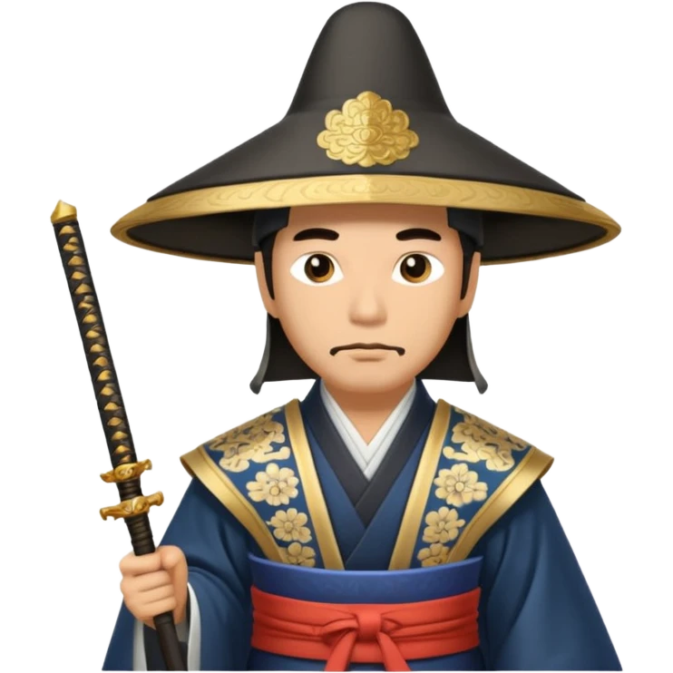Samurai lord, Elegant noble in long robes with tall hat, holding a scroll of orders. emoji