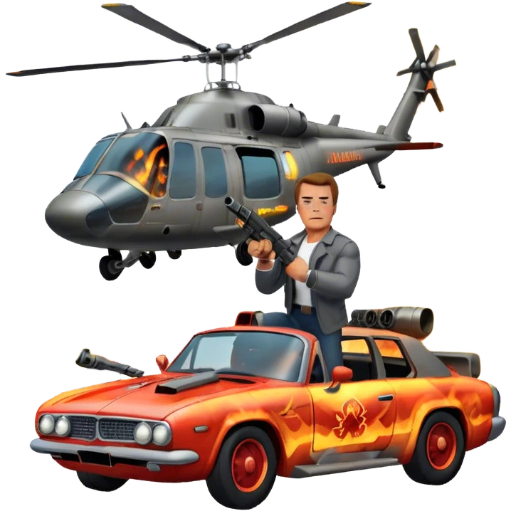 Icon for Action Movies: Arnold Schwarzenegger in the lead role, in an intense action pose with weapons, explosions, a car and helicopter flying out of flames in the background. The design should capture the explosive energy and heroism of classic action films. Transparent background. emoji