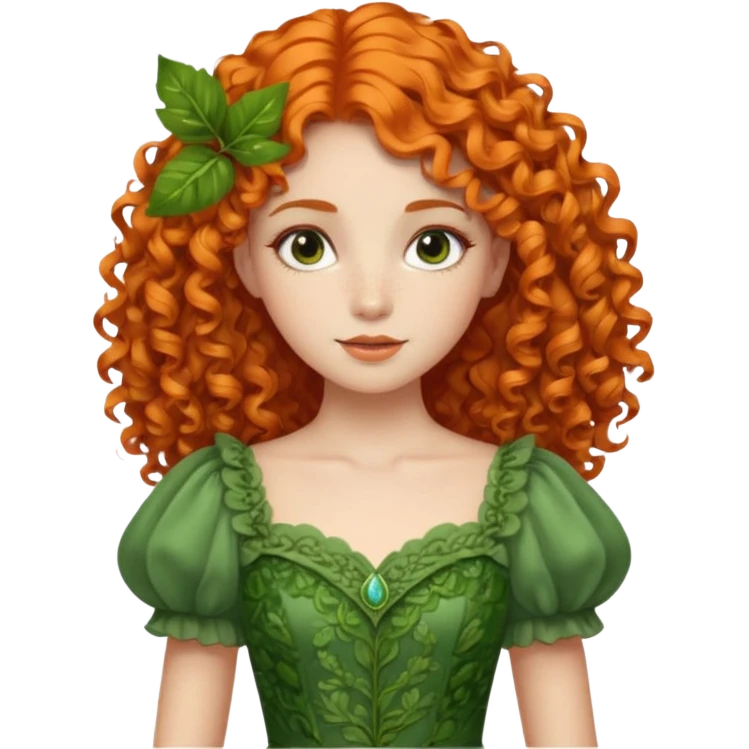 orange curly hair beautiful princess full body in leafy green dress elegant emoji