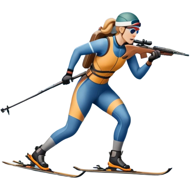 An icon featuring a biathlete skiing along a winding trail with a rifle on their back, surrounded by a beautiful snowy landscape with mountains and pine trees. A target range appears in the distance. Transparent background highlights the blend of endurance, precision, and winter beauty. emoji