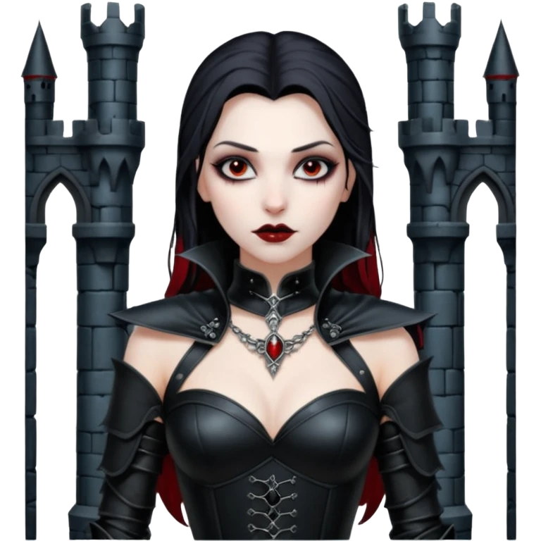 Vampire woman in black leather armor, exposed shoulders, cold desire, gothic castle interior emoji