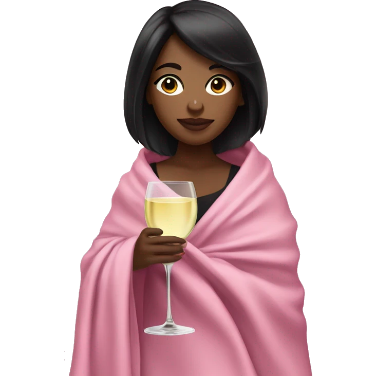 a girl with light skin and black hair and a glass of white wine wrapped in a pink blanket emoji