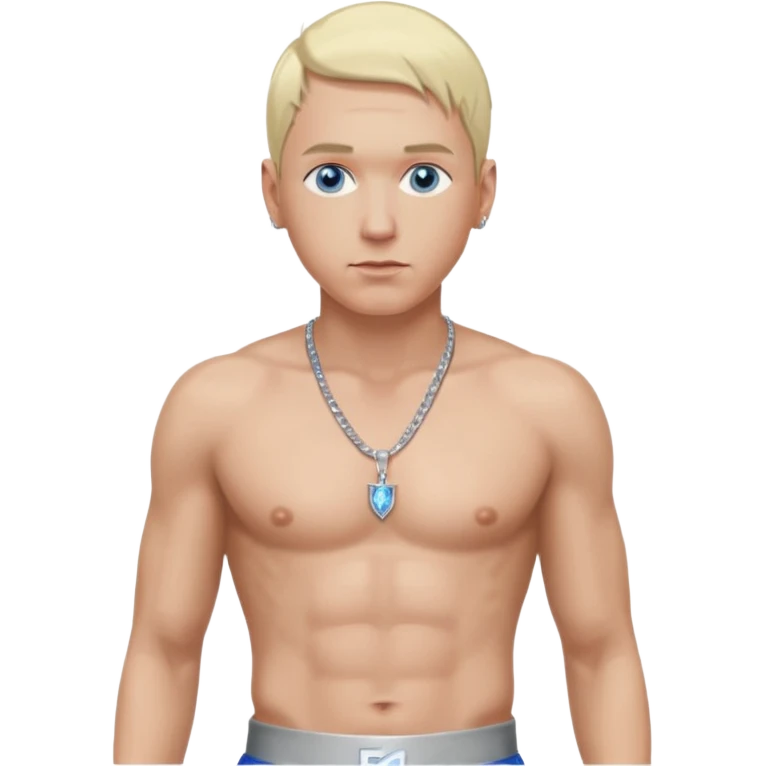 Eminem with blonde hair, shirtless with necklace, metallic silver pants, blue eyes emoji