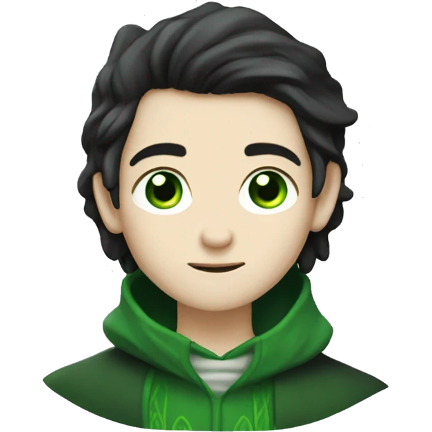 teenage white-skinned wizard with black hair green eyes in green disgue emoji