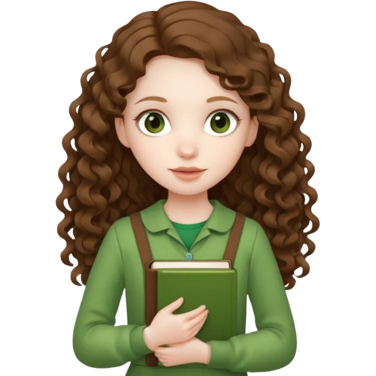 A girl with long brown curls and a green outfit holding a stacking book in her hand emoji