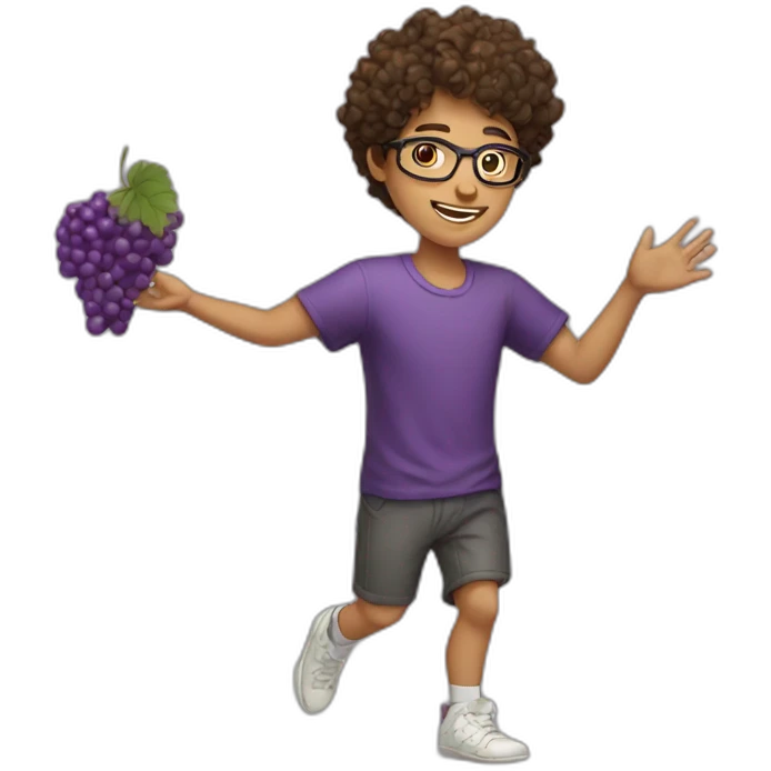 Young brown short curly haired men with glasses throwing grape emoji