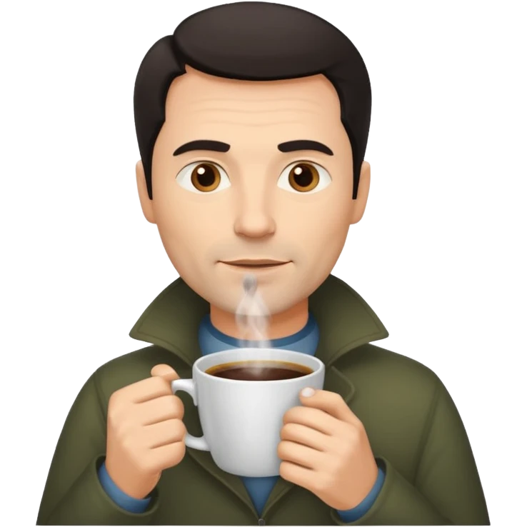 A handsome 45 year old white man with dark hair in a fog drinking a cup of coffee emoji