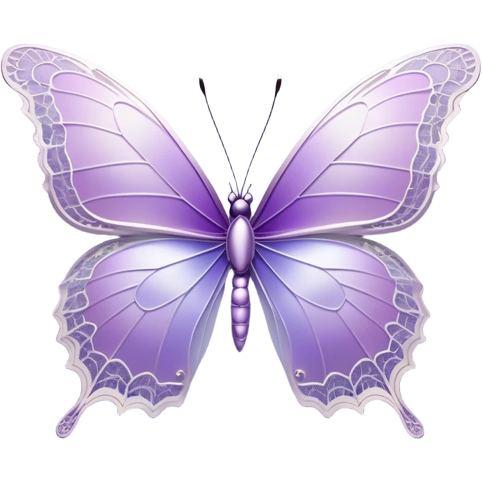  A beautiful, aesthetically pleasing butterfly with lilac and ice-purple wings, with an intricate lace-like pattern around the edges and subtle iridescent accents that shimmer in the light. The wings should have a gradient effect, going from a delicate lilac at the base to a deep ice-purple at the tips. The body of the butterfly should be slender and elegant, with delicate silver details to enhance its ethereal appearance. emoji