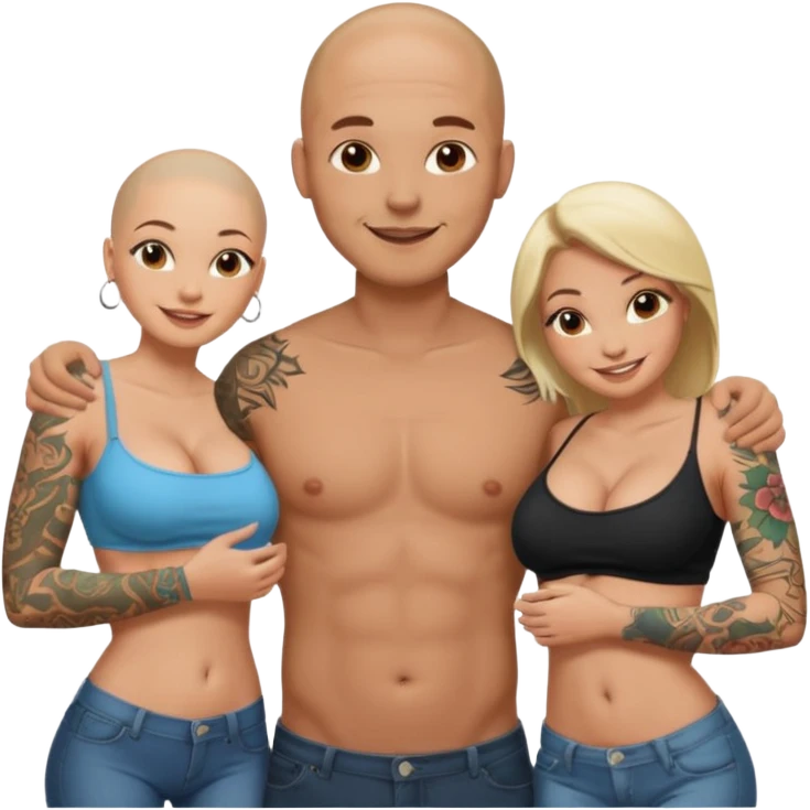 throuple tattooed sleeves bbald male with topless naked big boobed brunette and topless naked big boobed blonde girlfriends  lovingl  and sexy polygamy  emoji