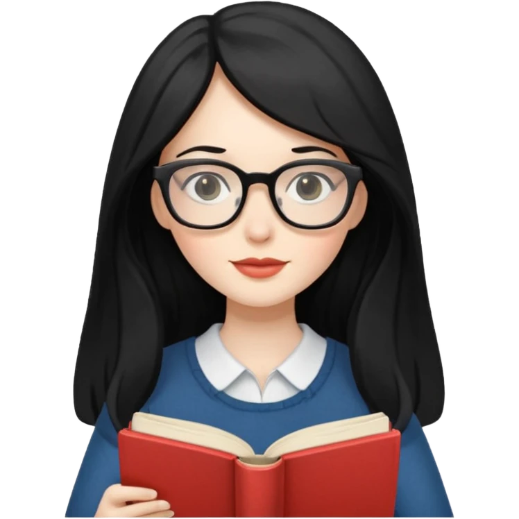 long black haired women with book with optical emoji