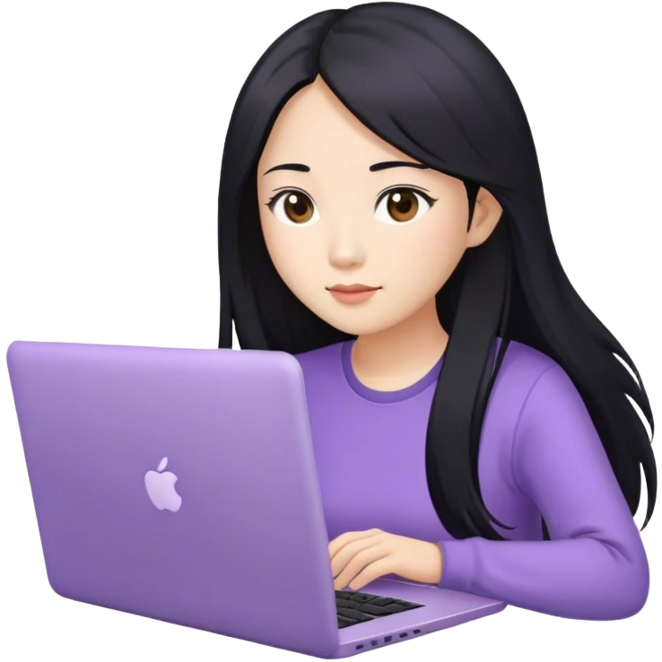 Long hair asian woman working on lavender laptop with brown eyes emoji