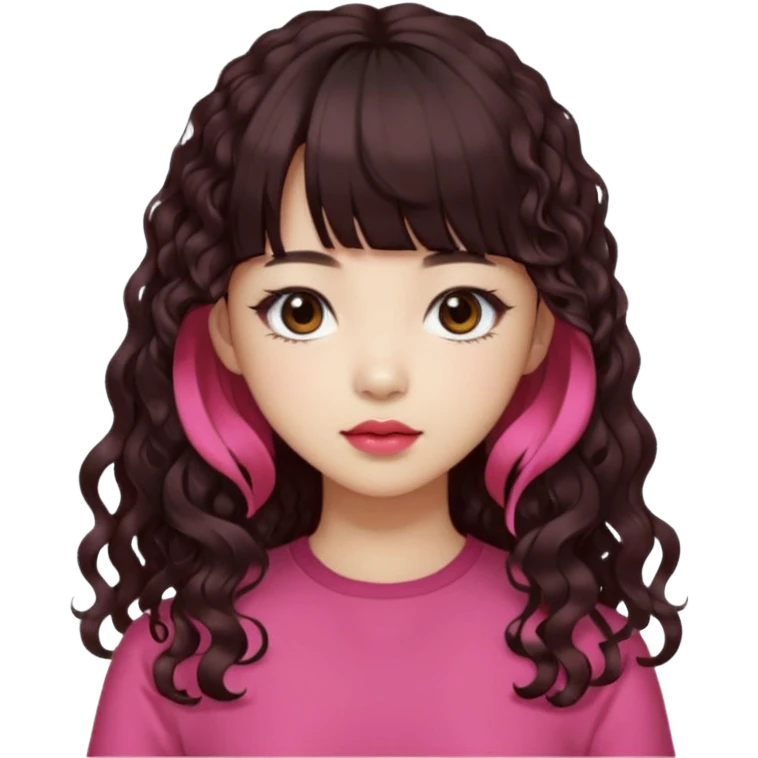 Korean girl, red top, black brown hair, brown eyes, long curly hair, aesthetic, long hair, hime cut, blunt bangs, pink lip, Cool girl emoji