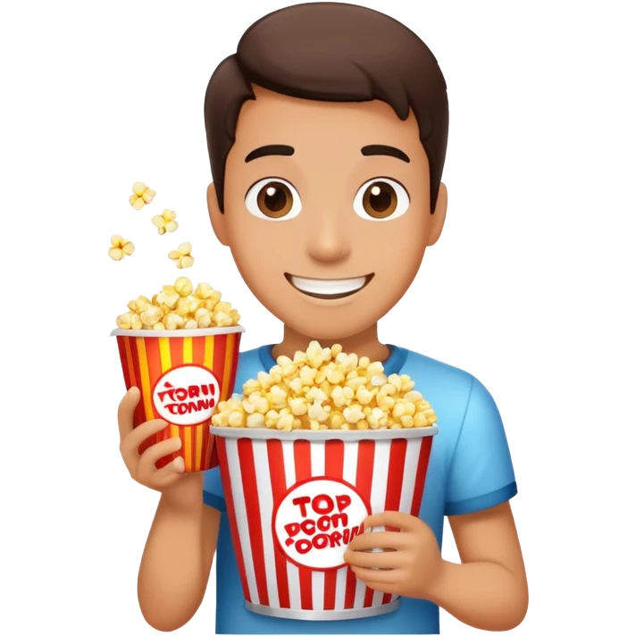 Person watching a movie with a happy face, holding popcorn bucket, cinema lights reflected on face emoji