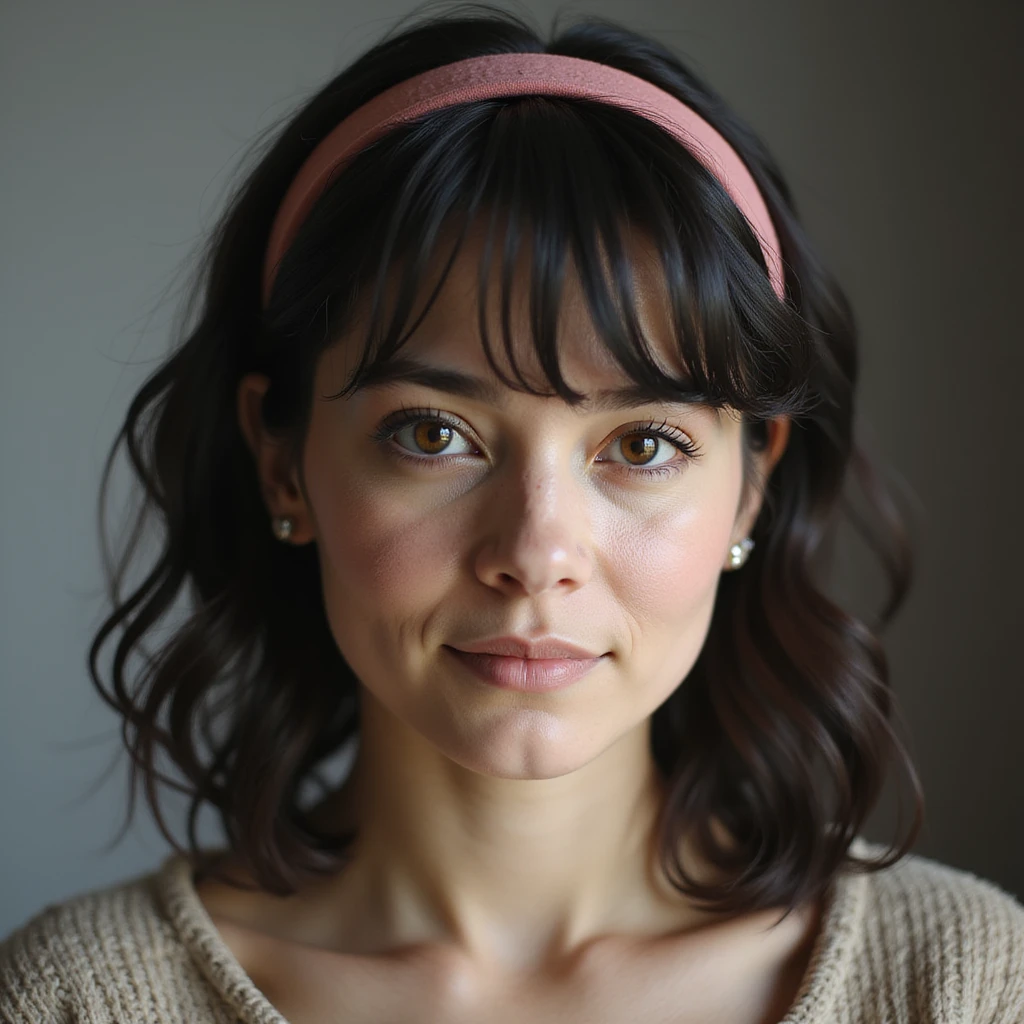 hyperrealistic 4K image of a woman with PCOS wearing a wig or headband, very visible hair part and alopecia areas on the sides, detailed emoji