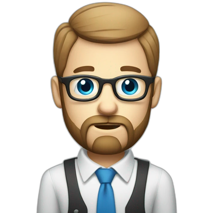 troubled business analyst on a call bald with beard with blue eyes and glasses with a phone emoji