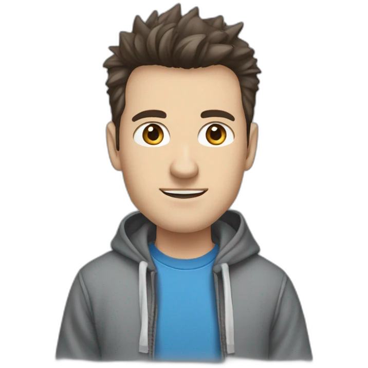 white male adult, Dark Brown Spikey Hair,, Blue Eyes, Grey Hoodie, Blue Jeans, Converse shoes emoji