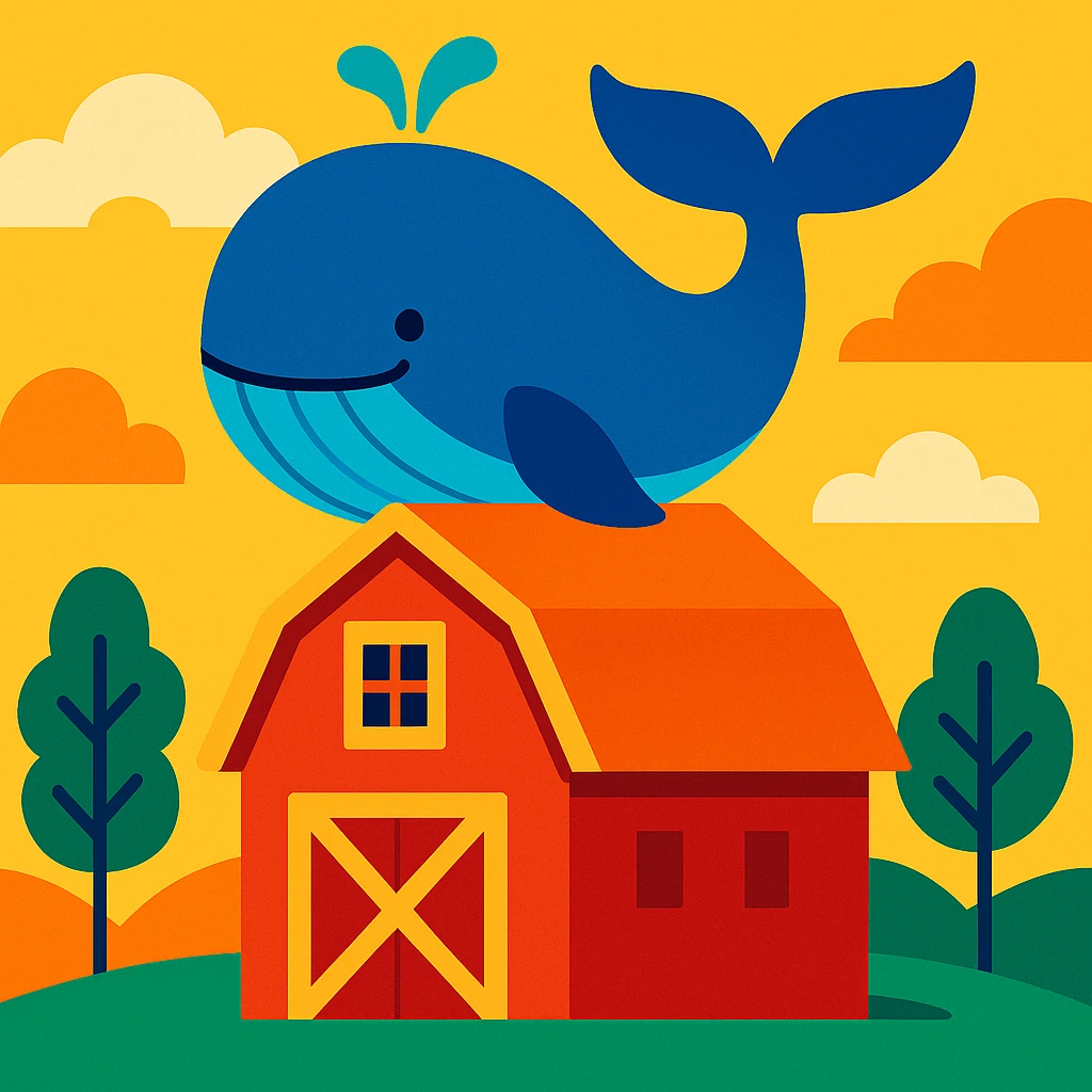 a whale sitting on top of a barn, vibrant and playful emoji