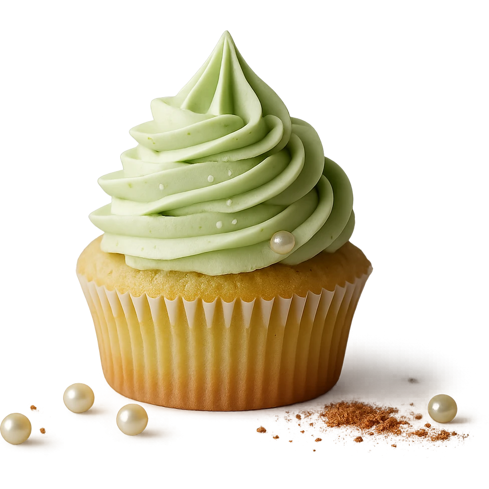 Change the icing to pistachio (light green), keep the realistic cupcake and accessories, photorealistic style, transparent background. Maintain the photorealistic look and details of the cupcake and accessories with a light green pistachio icing. Remove the background to make it transparent. emoji