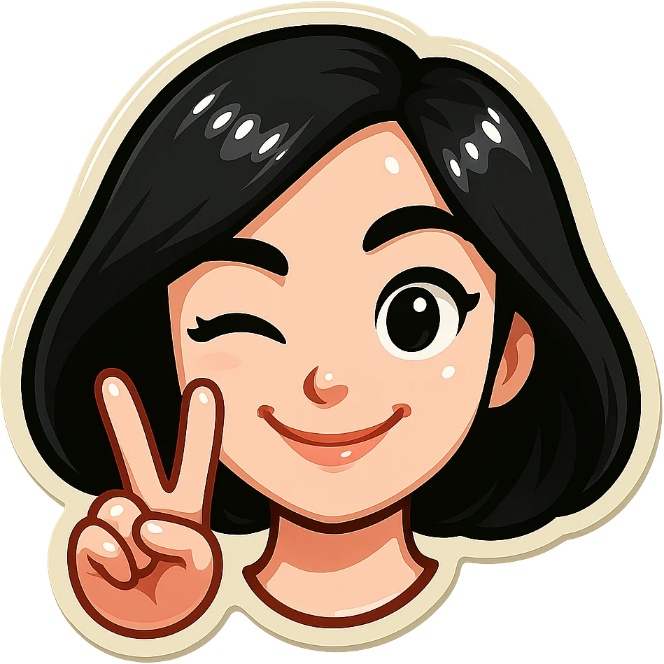 Add a beautiful manicure on the fingers showing the V (peace) sign. Keep the white skin, cute and beautiful appearance. Style is classic Telegram stickers with neat facial features, resembling Samsung Sam but with head only (no neck). The girl is smiling and winking (one eye open, one eye closed). Clean, bright, cartoon style suitable for a Telegram bot profile. White background. emoji