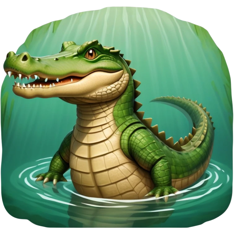 cinematic-crocodile-realistic-full-body-lounging-emoji,-massive-scaled-body-partially-submerged-in-shallow-water,-head-tilted-dramatically,-rough-green-and-brown-hide-textured-with-deep-ridges,-simplified-yet-realistic-focused-features, head held high emoji