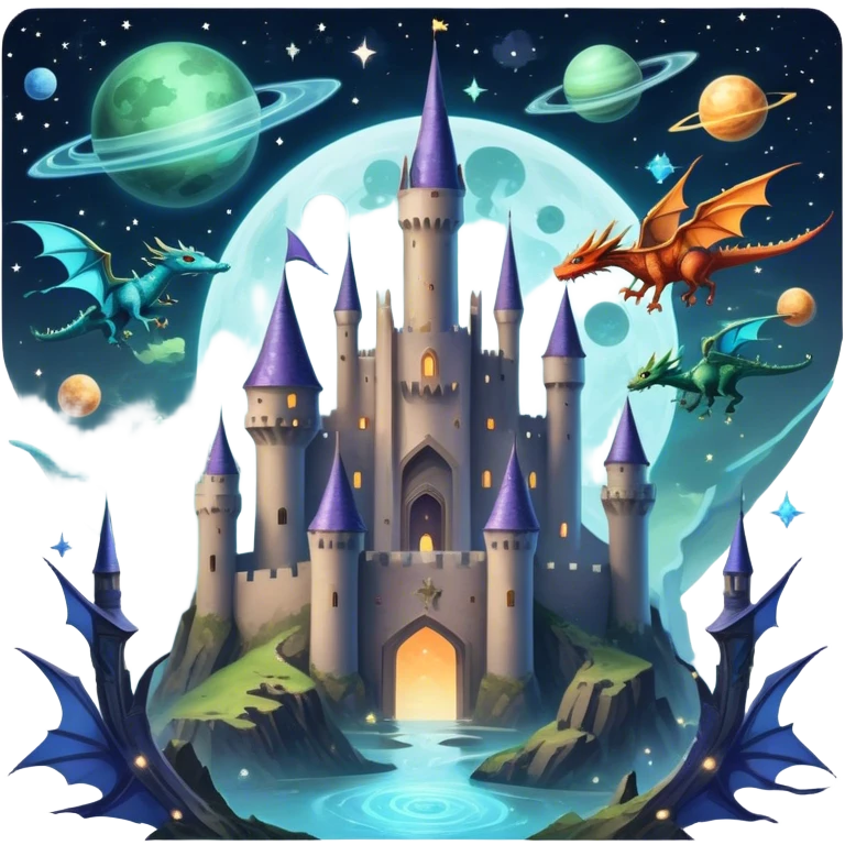 Icon for Fantasy and Sci-Fi Movies: A magical collage with flying dragons and futuristic spaceships. Stars and planets shimmer in the background with a mystical castle Hogvards and an ancient wizard holding a staff. The atmosphere is epic, otherworldly and adventurous. Transparent background. emoji