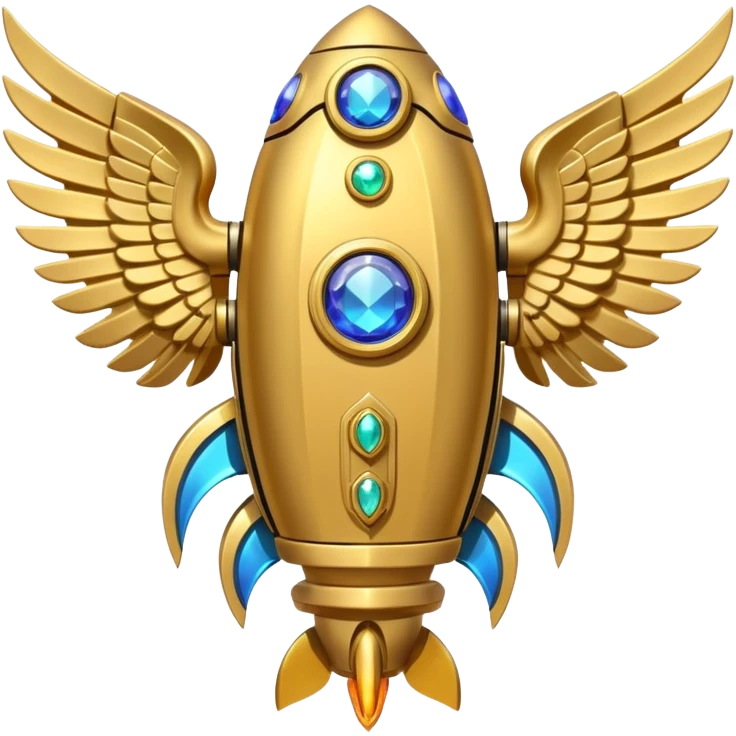 gold ancient wide jetpack with extremely wide rocket wings and gemstone inlays, back view, no fire emoji