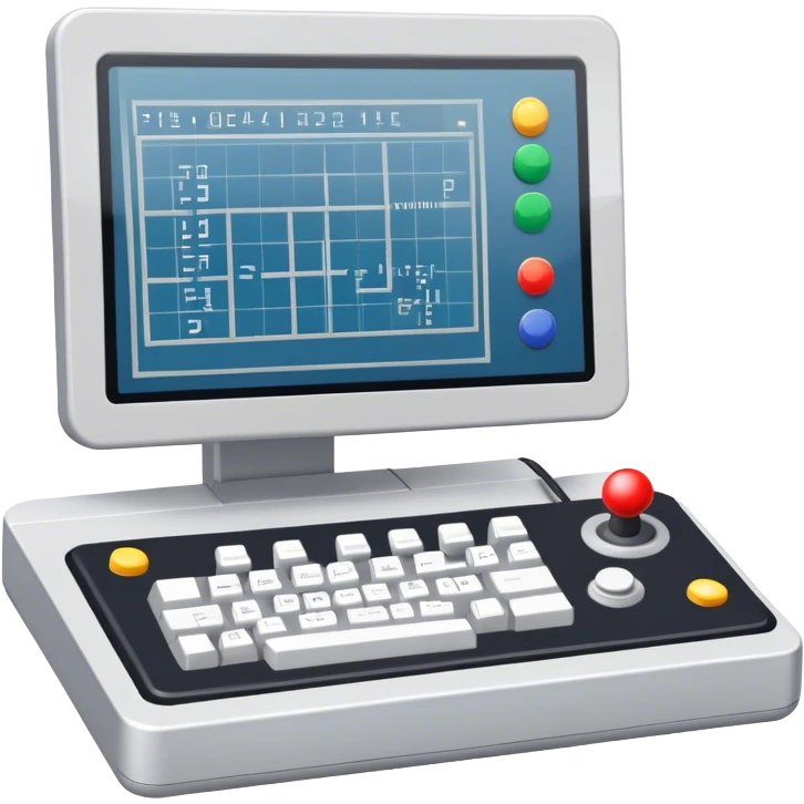 Emoji for Game Design: computer screen with Professional game development interface, 3D models, pixel art and design tools like grid, wireframe, gamepad, joystick, stylus. Symbolizes the technical and creative process of game development. Transparent background. emoji