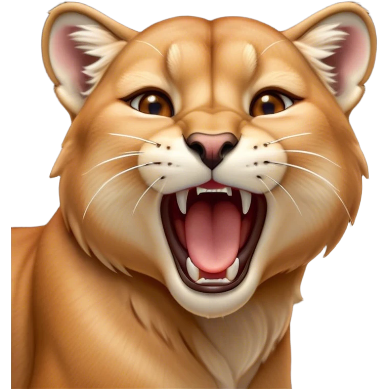 Cinematic Cute Yawning Cougar Portrait Emoji, Head tilted slightly with a dramatic, wide-open yawn, showcasing a soft, sleek tawny Fur with gently drooping ears, round amber eyes barely open in drowsy contentment, Simplified yet irresistibly adorable features, highly detailed, glowing with a soft, cozy glow, high shine, relaxed yet expressive, stylized with a touch of wild whimsy, bright and endearing, soft glowing outline, capturing the essence of a sleepy yet affectionate cougar, so drowsy it feels like it could stretch out of the screen and curl up for a nap! emoji