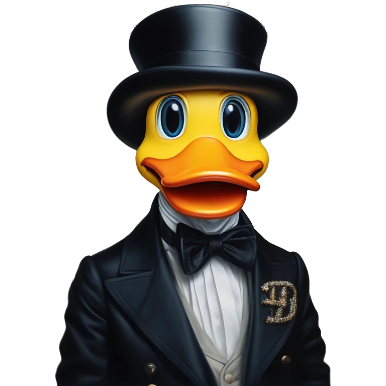 Uncle Scrooge Rubberduck in Dior Gucci Hermes, oil paint, mysterious eyes, intricate lips, masterpiece portrait , odd perspective, beautiful, desirable, logical emoji