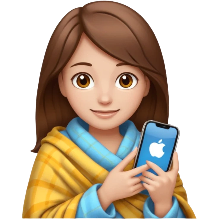 создай девушку с телефоном в руках (айфон) в стиле Emoji  iOS. 
У девушки длинные коричневые волосы, карие глаза, она сама светлая кожа, без макияжы, сидилит укутавшись в плед emoji