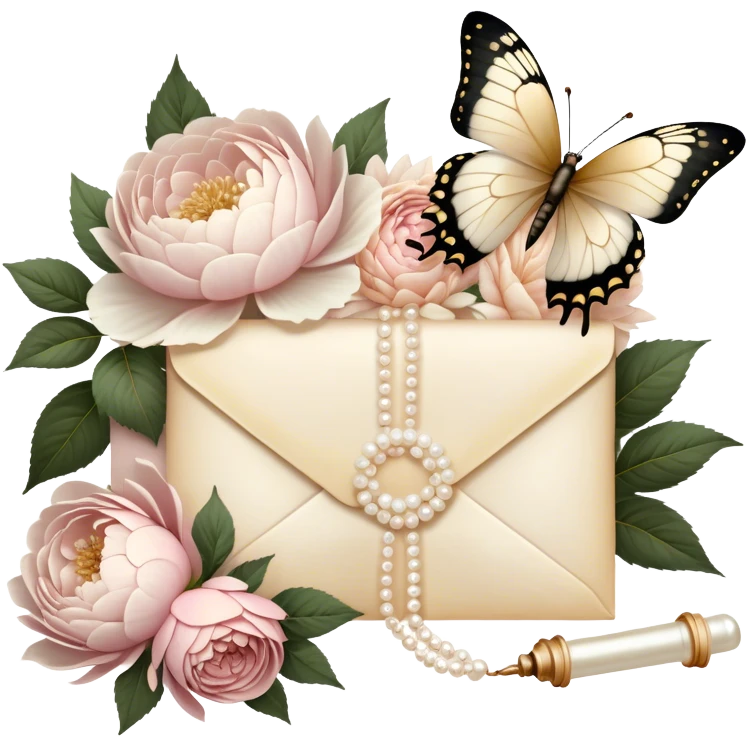 An antique love letter bundle, tied with an ivory silk ribbon, accompanied by dried blush pink roses, white peonies, and dahlias, with a pearl butterfly seemingly admiring the golden calligraphy.
 emoji
