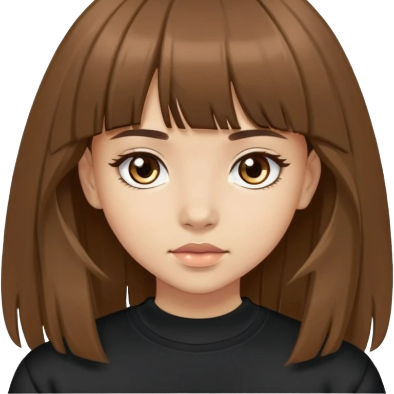 Light skinned girl with brown eyes, long brown hair with bangs, wearing a black sweatshirt emoji