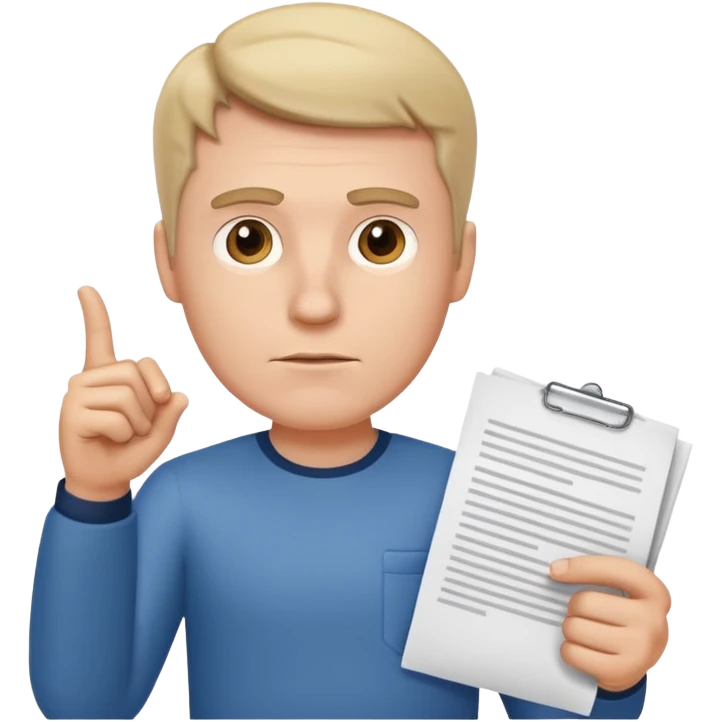 A white man stands with a serious face and points at his hand holding papers. emoji
