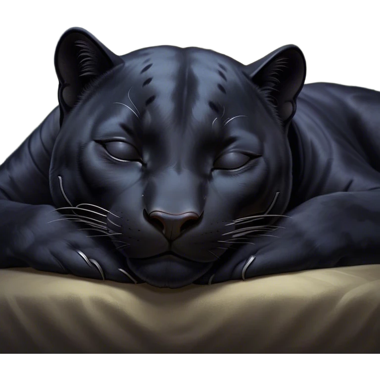 Meme-Worthy cute Sleeping black Panther Portrait Emoji, Head resting peacefully with a contented smile, showcasing a luxuriously sleek form and eyes gently closed in serene slumber, Simplified yet comically adorable features, highly detailed, glowing with a soft, drowsy dark light, high shine, relaxed and utterly lovable, stylized with an air of playful laziness, bright and heartwarming, soft glowing outline, capturing the essence of a sleeping black Panther that feels destined to become the next viral icon of adorable rest! emoji